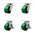 Service Caster 6'' Heavy Duty Green Poly on Cast Iron Wheel Swivel Caster Set with 2 Brakes, 4PK CRAN-SCC-KP92S630-PUR-GB-2-SLB-2